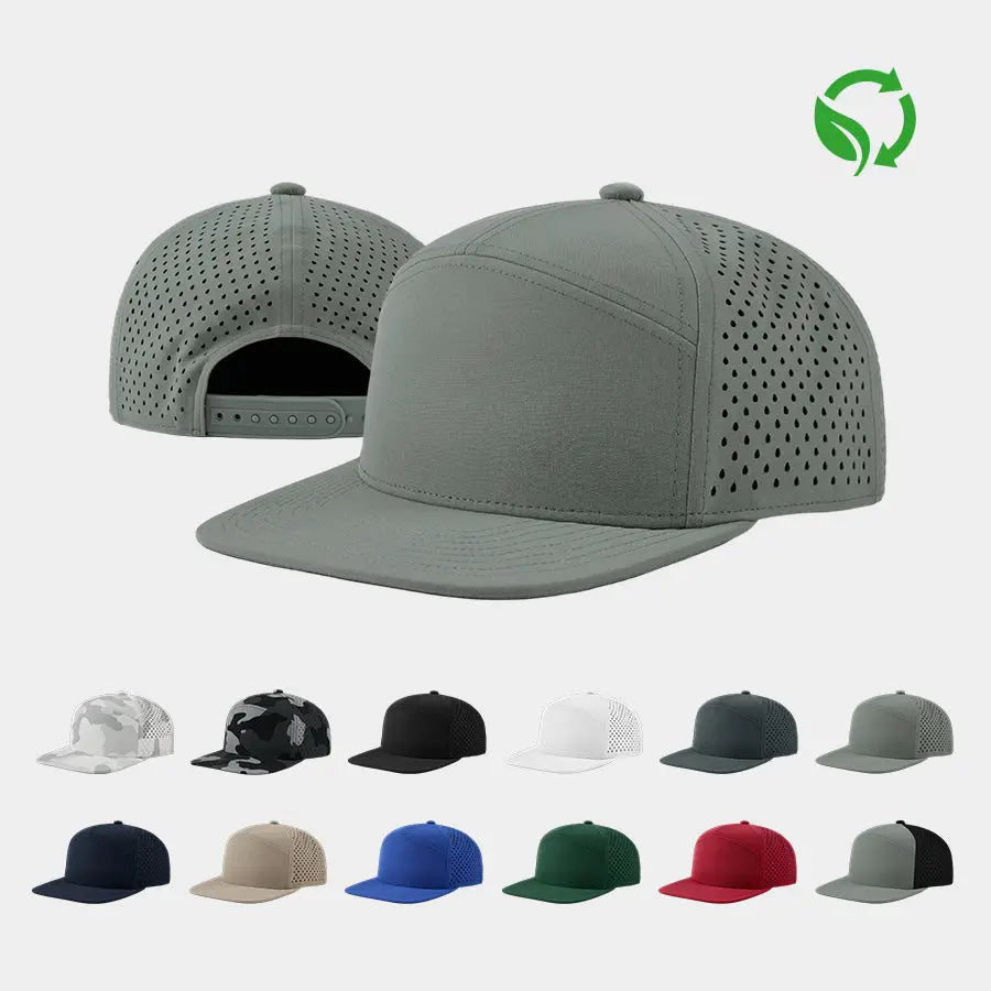 Blank & Custom Flat Bill 7 Panel Perforated Snapback Golf Hat Wholesale - 6472