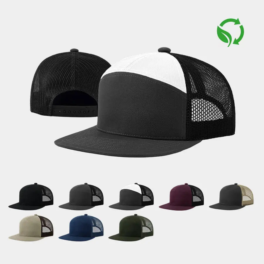 Blank & Custom Flat Bill 7 Panel Trucker Hat Wholesale - 6471 (Recycled)