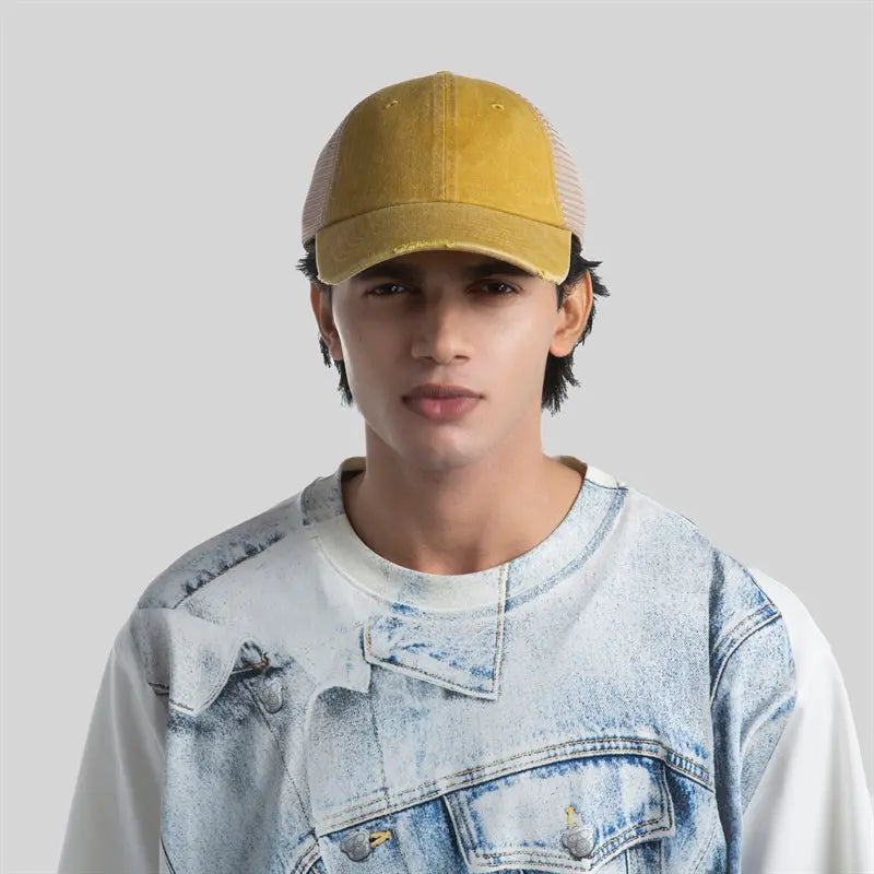 Blank & Custom Vintage Cotton Sand Unstructured Mesh Trucker Hats Wholesale - 6532