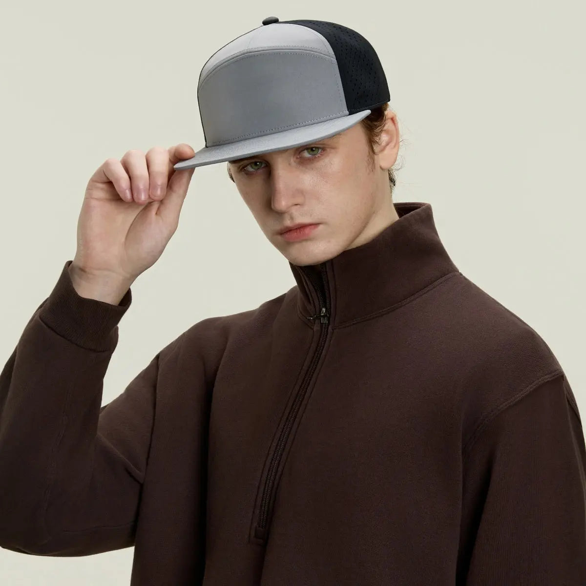 Blank & Custom Flat Bill 7 Panel Perforated Snapback Golf Hat Wholesale - 6472