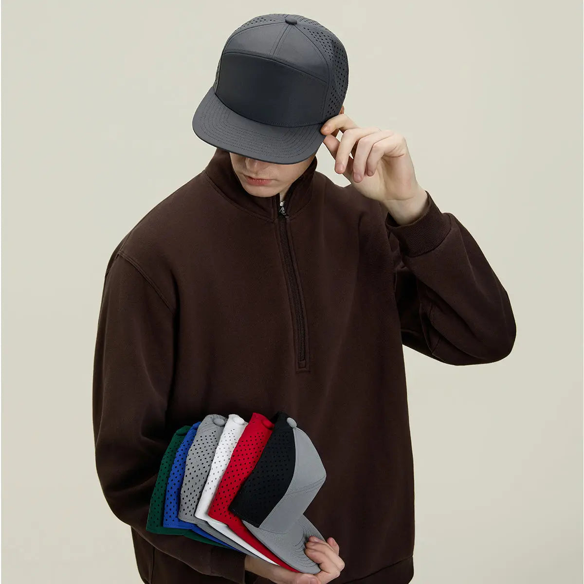 Blank & Custom Flat Bill 7 Panel Perforated Snapback Golf Hat Wholesale - 6472