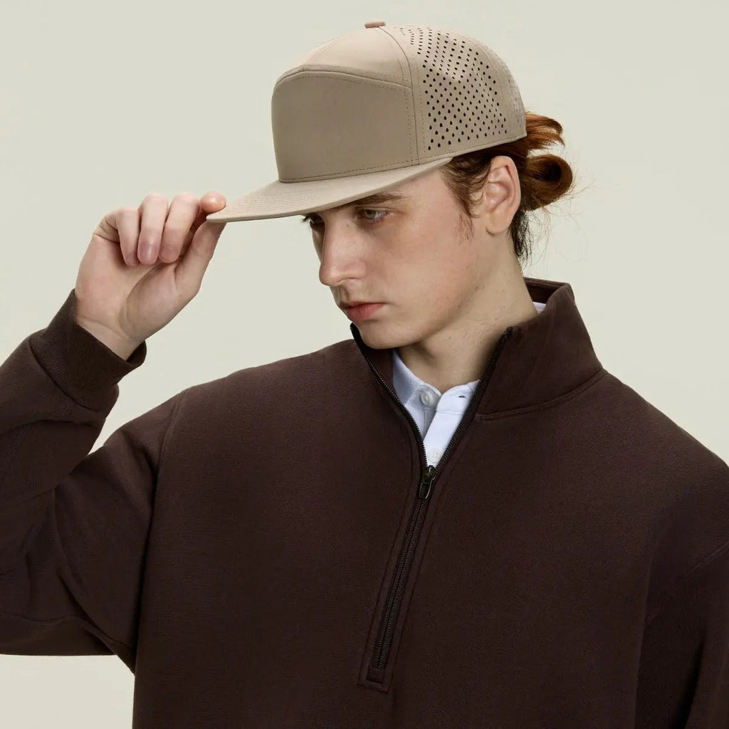 Blank & Custom Flat Bill 7 Panel Perforated Snapback Golf Hat Wholesale - 6472